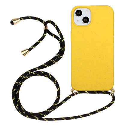 For iPhone 15 Plus Biodegradable Phone Case Wheat Straw+TPU Shockproof Protection Cover with Lanyard