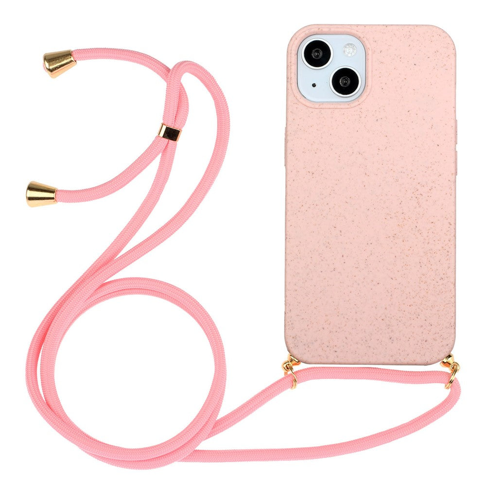For iPhone 15 Eco-Friendly Phone Case Compostable Wheat Straw+TPU Shock Absorbing Cover with Lanyard