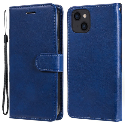 For iPhone 15 Case Solid Color Leather Mobile Cover Wallet Stand with Strap