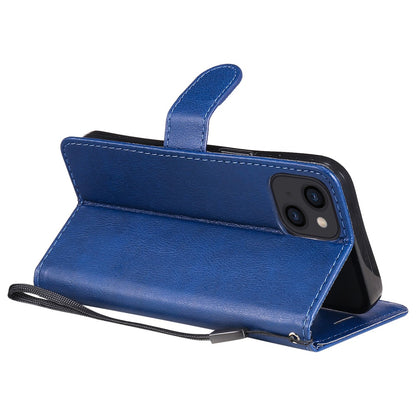 For iPhone 15 Case Solid Color Leather Mobile Cover Wallet Stand with Strap