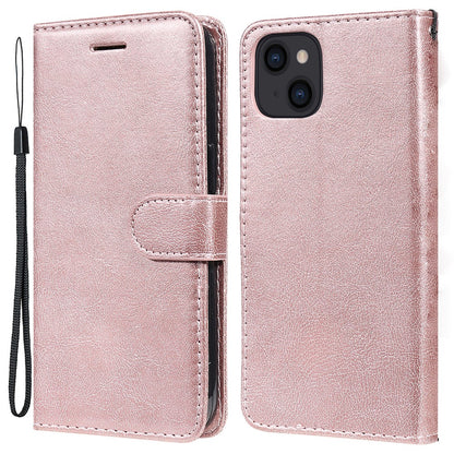 For iPhone 15 Case Solid Color Leather Mobile Cover Wallet Stand with Strap