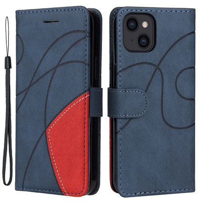 For iPhone 15 Leather Case Wallet Stand Color Splicing Phone Cover