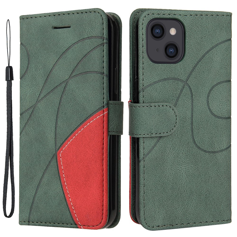 For iPhone 15 Leather Case Wallet Stand Color Splicing Phone Cover