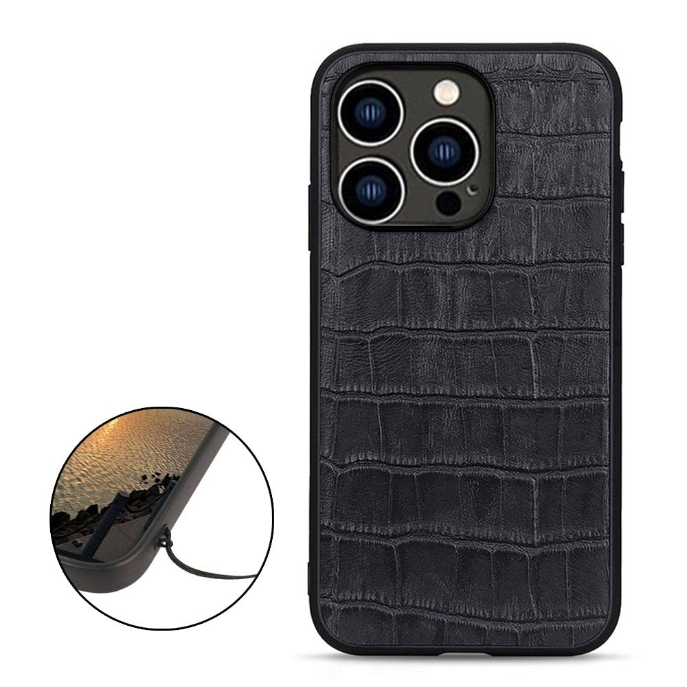 For iPhone 15 Pro Anti-Scratch Shell Crocodile Texture Genuine Cow Leather+TPU+PC Phone Case Phone Cover