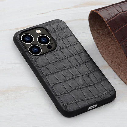 For iPhone 15 Pro Anti-Scratch Shell Crocodile Texture Genuine Cow Leather+TPU+PC Phone Case Phone Cover