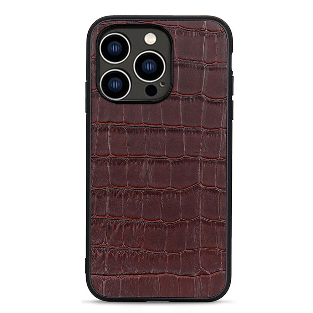 For iPhone 15 Pro Anti-Scratch Shell Crocodile Texture Genuine Cow Leather+TPU+PC Phone Case Phone Cover