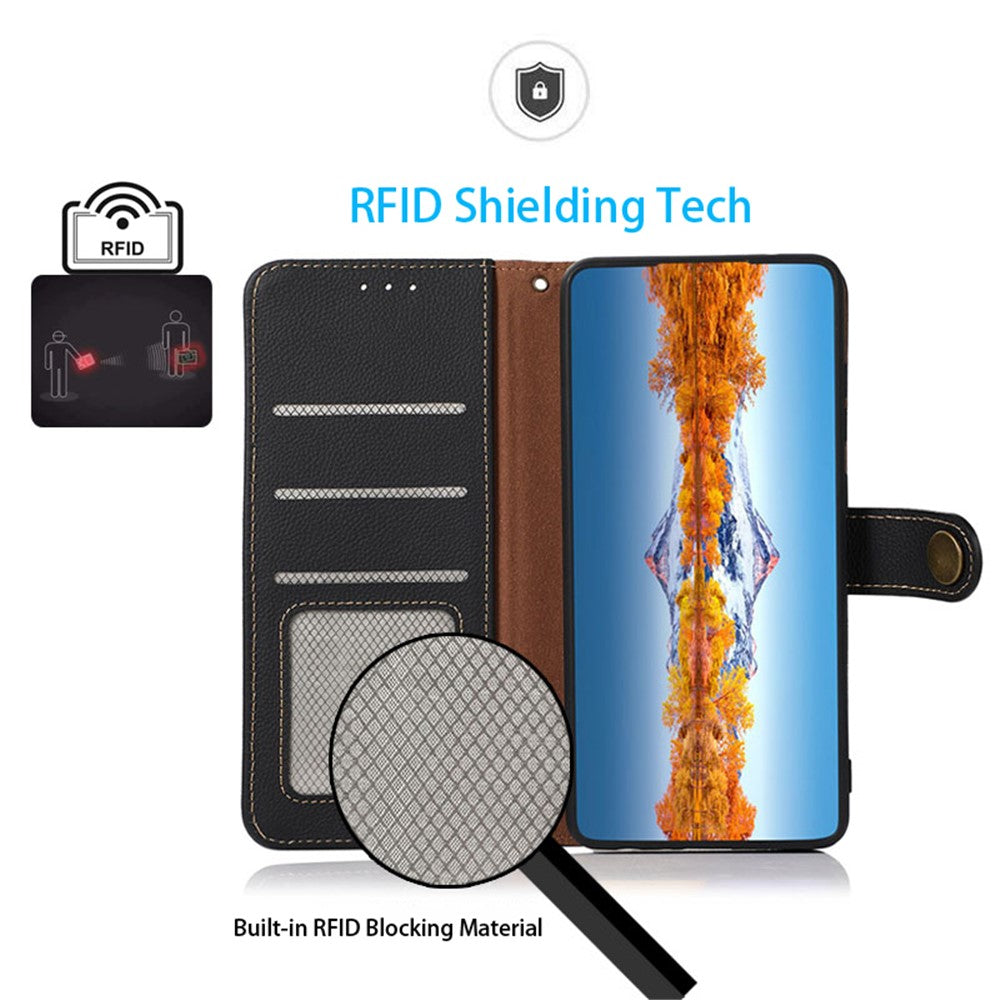 KHAZNEH For iPhone 15 Drop Protection RFID Blocking Wallet Cell Phone Case Genuine Cow Leather Stand Phone Cover