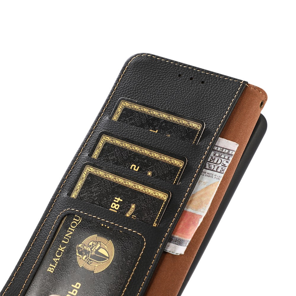 KHAZNEH For iPhone 15 Drop Protection RFID Blocking Wallet Cell Phone Case Genuine Cow Leather Stand Phone Cover