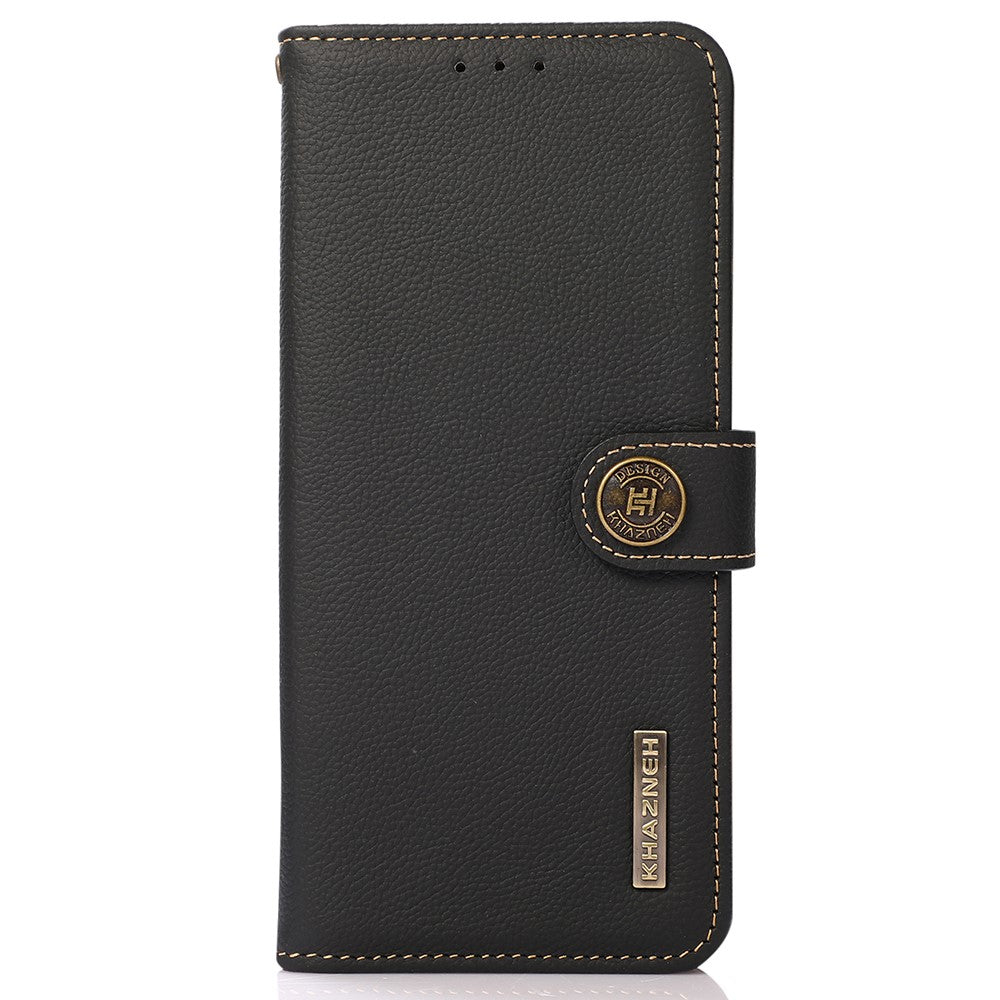 KHAZNEH For iPhone 15 Drop Protection RFID Blocking Wallet Cell Phone Case Genuine Cow Leather Stand Phone Cover