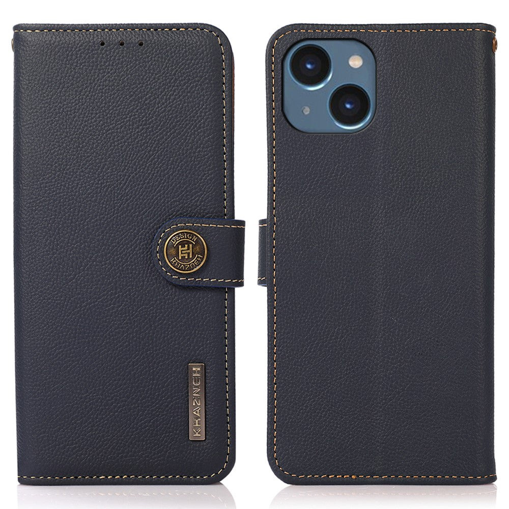 KHAZNEH For iPhone 15 Drop Protection RFID Blocking Wallet Cell Phone Case Genuine Cow Leather Stand Phone Cover