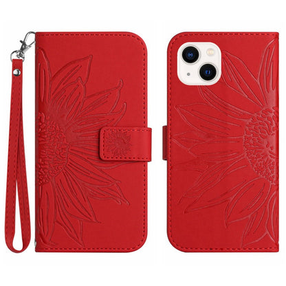 HT04 For iPhone 15 Plus Anti-drop Phone Leather Wallet Case Sunflower Pattern Stand Cover with Hand Strap