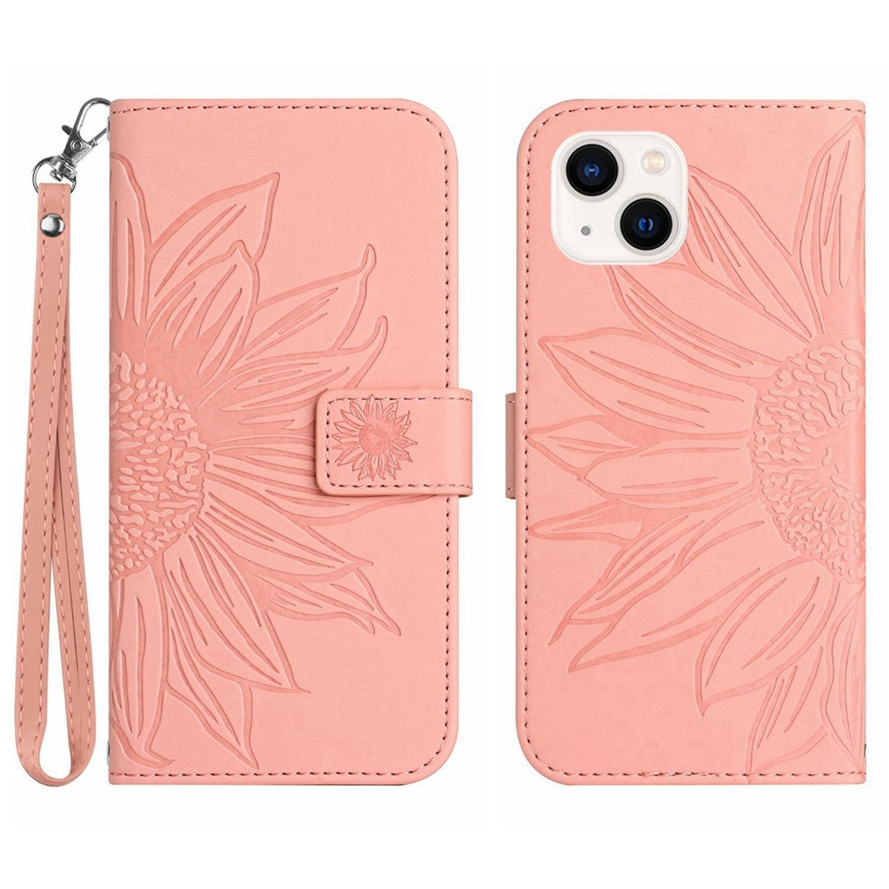 HT04 For iPhone 15 Plus Anti-drop Phone Leather Wallet Case Sunflower Pattern Stand Cover with Hand Strap