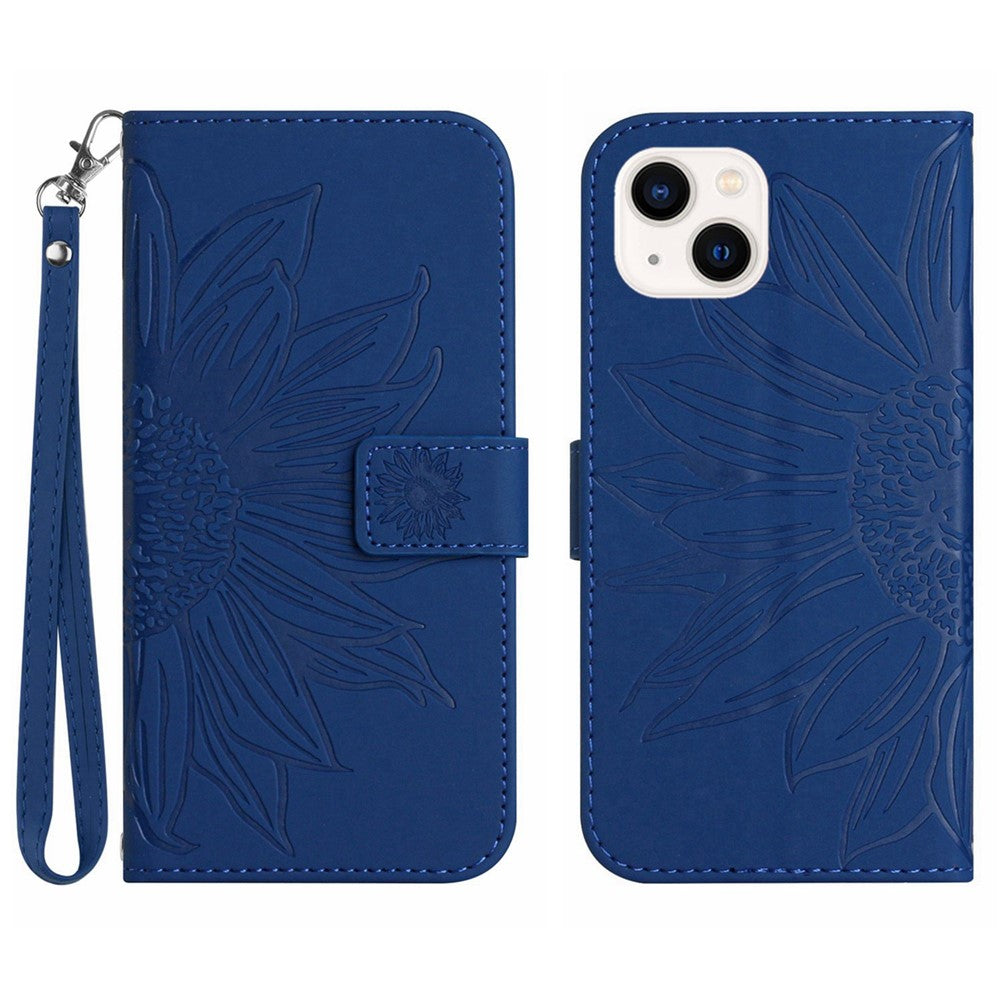 HT04 For iPhone 15 Plus Anti-drop Phone Leather Wallet Case Sunflower Pattern Stand Cover with Hand Strap