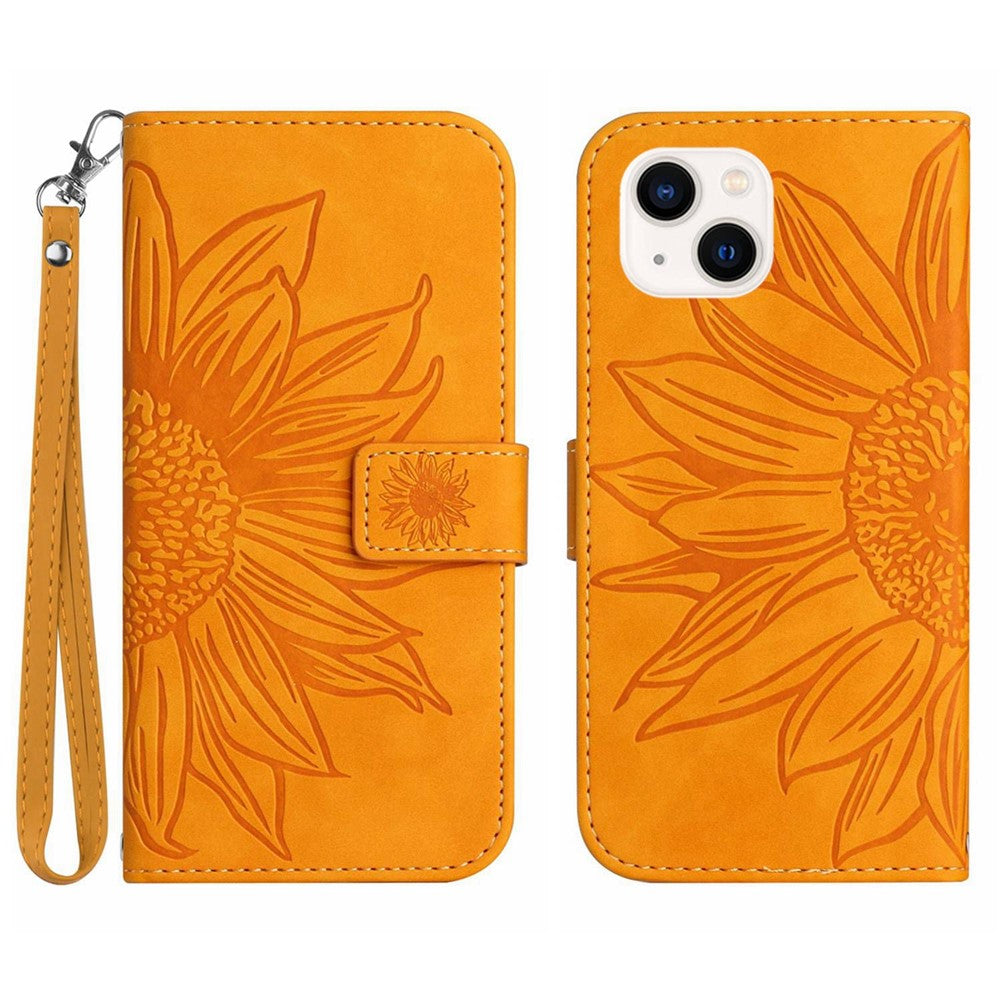 HT04 For iPhone 15 Plus Anti-drop Phone Leather Wallet Case Sunflower Pattern Stand Cover with Hand Strap