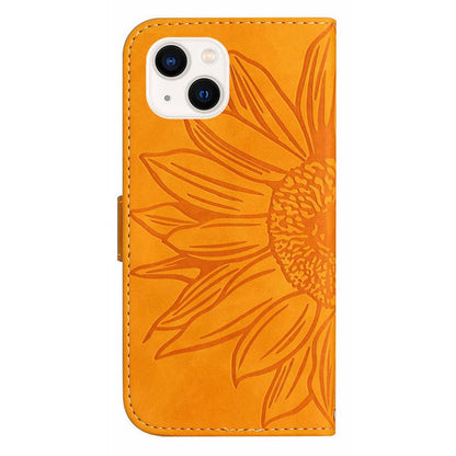 HT04 For iPhone 15 Plus Anti-drop Phone Leather Wallet Case Sunflower Pattern Stand Cover with Hand Strap