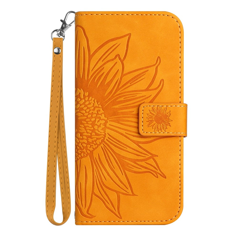 HT04 For iPhone 15 Plus Anti-drop Phone Leather Wallet Case Sunflower Pattern Stand Cover with Hand Strap