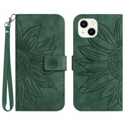 HT04 For iPhone 15 Plus Anti-drop Phone Leather Wallet Case Sunflower Pattern Stand Cover with Hand Strap