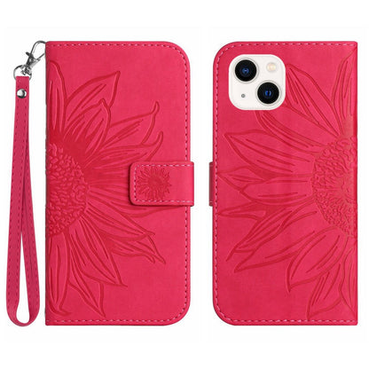 HT04 For iPhone 15 Plus Anti-drop Phone Leather Wallet Case Sunflower Pattern Stand Cover with Hand Strap