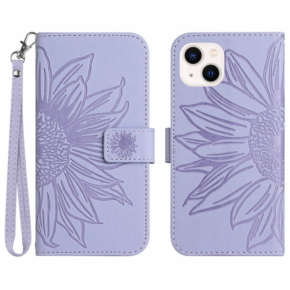 HT04 For iPhone 15 Skin-touch Phone Case Sunflower Pattern Stand Leather Wallet Cover with Hand Strap