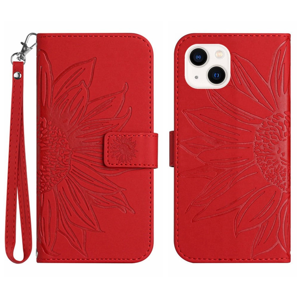 HT04 For iPhone 15 Skin-touch Phone Case Sunflower Pattern Stand Leather Wallet Cover with Hand Strap