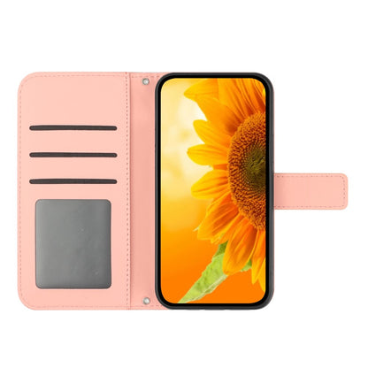 HT04 For iPhone 15 Skin-touch Phone Case Sunflower Pattern Stand Leather Wallet Cover with Hand Strap