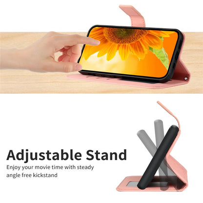 HT04 For iPhone 15 Skin-touch Phone Case Sunflower Pattern Stand Leather Wallet Cover with Hand Strap