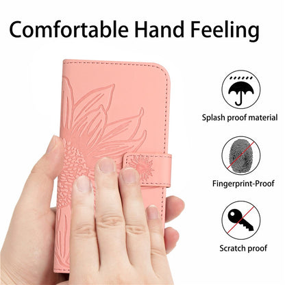 HT04 For iPhone 15 Skin-touch Phone Case Sunflower Pattern Stand Leather Wallet Cover with Hand Strap