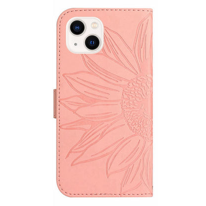 HT04 For iPhone 15 Skin-touch Phone Case Sunflower Pattern Stand Leather Wallet Cover with Hand Strap