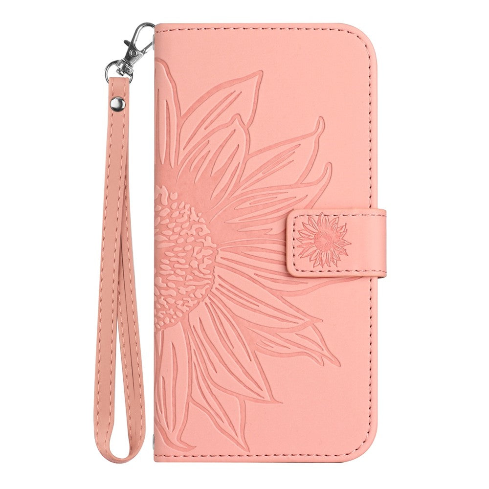 HT04 For iPhone 15 Skin-touch Phone Case Sunflower Pattern Stand Leather Wallet Cover with Hand Strap