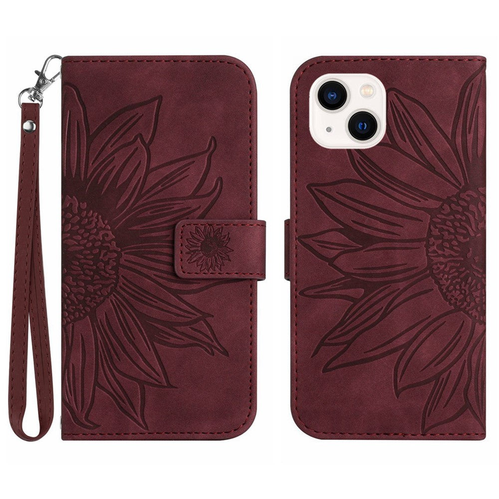 HT04 For iPhone 15 Skin-touch Phone Case Sunflower Pattern Stand Leather Wallet Cover with Hand Strap