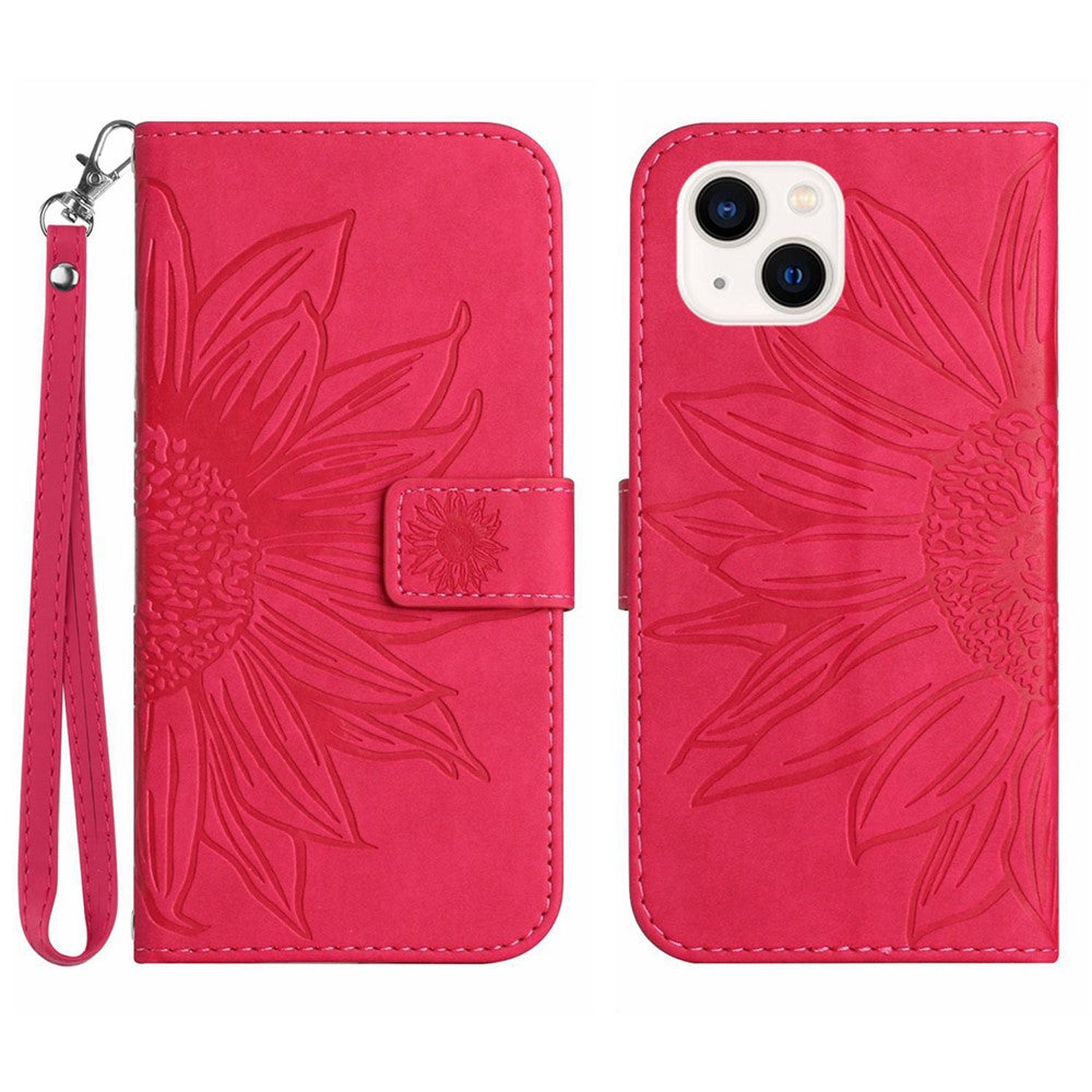 HT04 For iPhone 15 Skin-touch Phone Case Sunflower Pattern Stand Leather Wallet Cover with Hand Strap