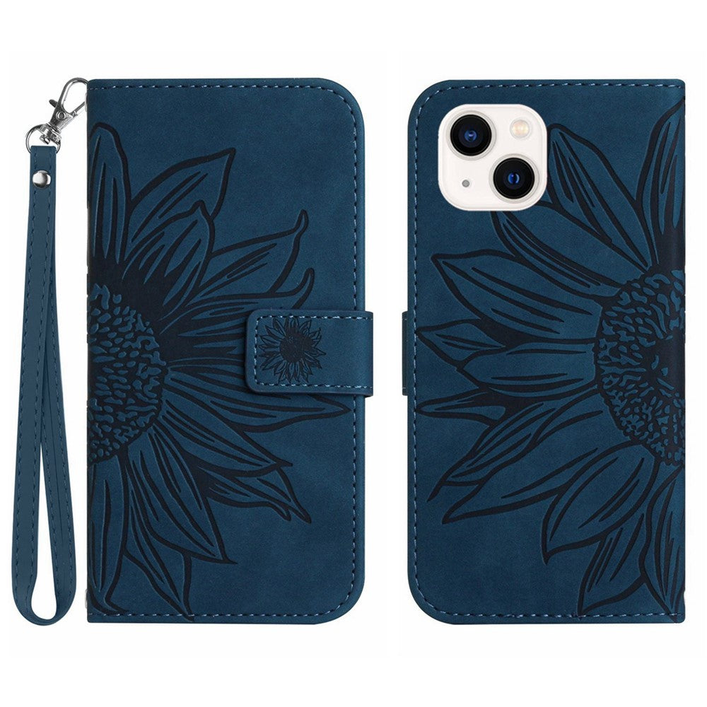 HT04 For iPhone 15 Skin-touch Phone Case Sunflower Pattern Stand Leather Wallet Cover with Hand Strap
