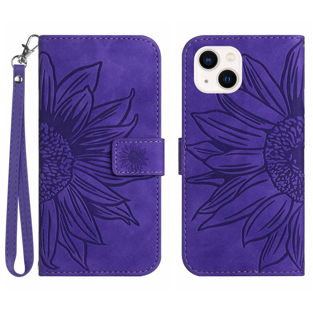 HT04 For iPhone 15 Skin-touch Phone Case Sunflower Pattern Stand Leather Wallet Cover with Hand Strap