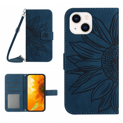 HT04 Sunflower Imprint Phone Case for iPhone 15 Stand Shell Leather Wallet with Shoulder Strap