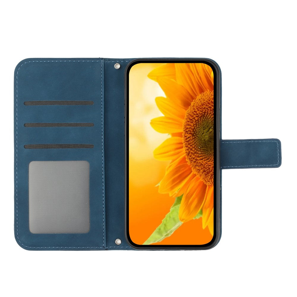 HT04 Sunflower Imprint Phone Case for iPhone 15 Stand Shell Leather Wallet with Shoulder Strap