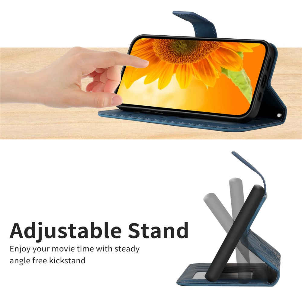 HT04 Sunflower Imprint Phone Case for iPhone 15 Stand Shell Leather Wallet with Shoulder Strap