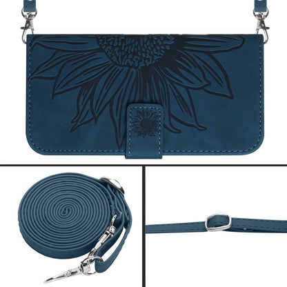 HT04 Sunflower Imprint Phone Case for iPhone 15 Stand Shell Leather Wallet with Shoulder Strap