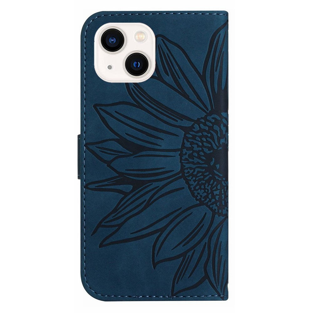 HT04 Sunflower Imprint Phone Case for iPhone 15 Stand Shell Leather Wallet with Shoulder Strap
