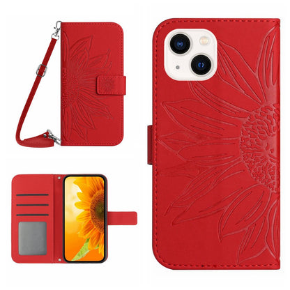 HT04 Sunflower Imprint Phone Case for iPhone 15 Stand Shell Leather Wallet with Shoulder Strap