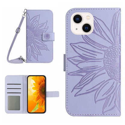 HT04 Sunflower Imprint Phone Case for iPhone 15 Stand Shell Leather Wallet with Shoulder Strap
