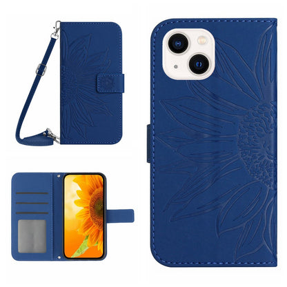 HT04 Sunflower Imprint Phone Case for iPhone 15 Stand Shell Leather Wallet with Shoulder Strap