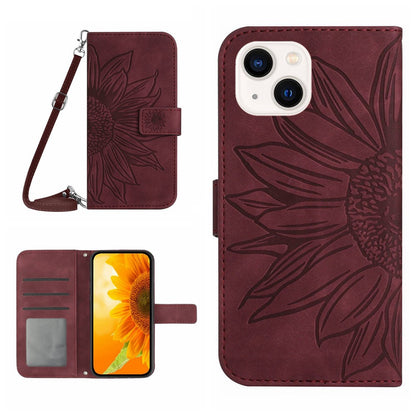 HT04 Sunflower Imprint Phone Case for iPhone 15 Stand Shell Leather Wallet with Shoulder Strap