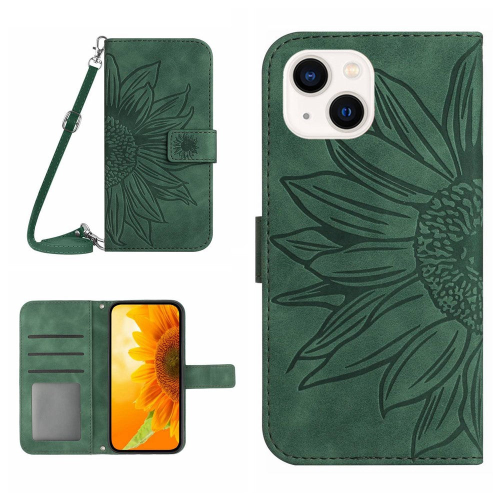HT04 Sunflower Imprint Phone Case for iPhone 15 Stand Shell Leather Wallet with Shoulder Strap