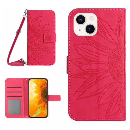 HT04 Sunflower Imprint Phone Case for iPhone 15 Stand Shell Leather Wallet with Shoulder Strap