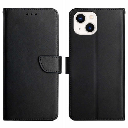 HT02 Wallet Stand Case for iPhone 15 Genuine Cow Leather Nappa Texture Shockproof Phone Cover