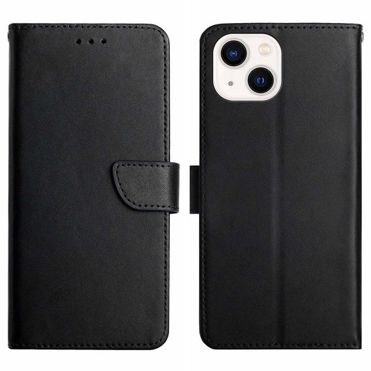 HT02 Wallet Stand Case for iPhone 15 Genuine Cow Leather Nappa Texture Shockproof Phone Cover