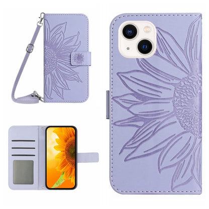 HT04 Leather Phone Case for iPhone 15 Plus Sunflower Imprint Wallet Stand Cover with Shoulder Strap