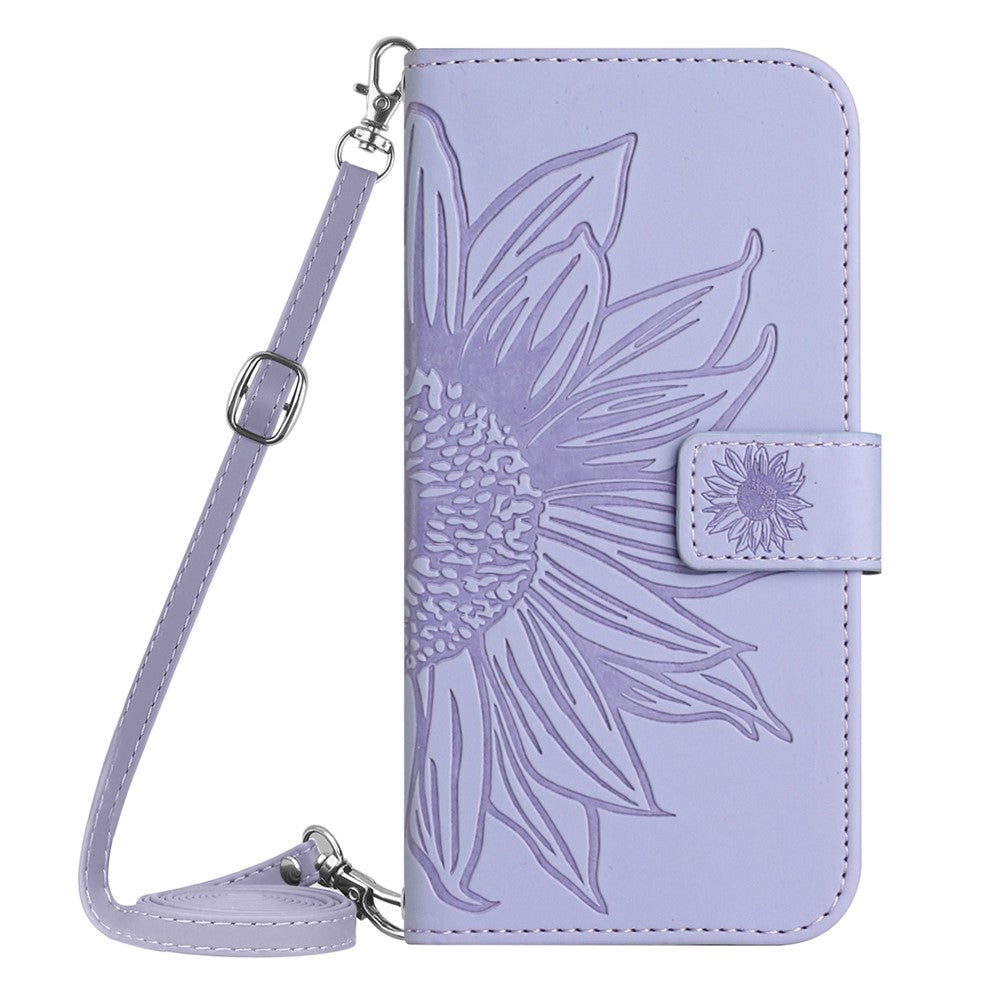 HT04 Leather Phone Case for iPhone 15 Plus Sunflower Imprint Wallet Stand Cover with Shoulder Strap