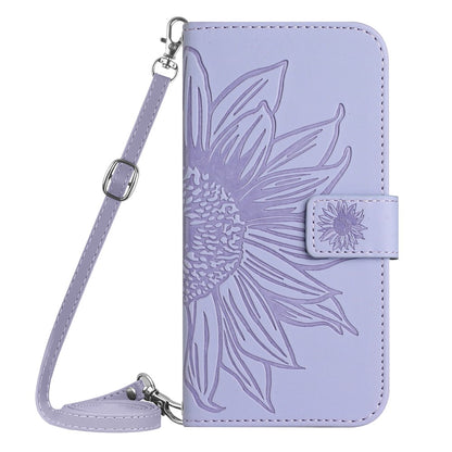 HT04 Leather Phone Case for iPhone 15 Plus Sunflower Imprint Wallet Stand Cover with Shoulder Strap