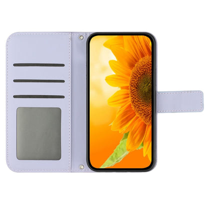 HT04 Leather Phone Case for iPhone 15 Plus Sunflower Imprint Wallet Stand Cover with Shoulder Strap
